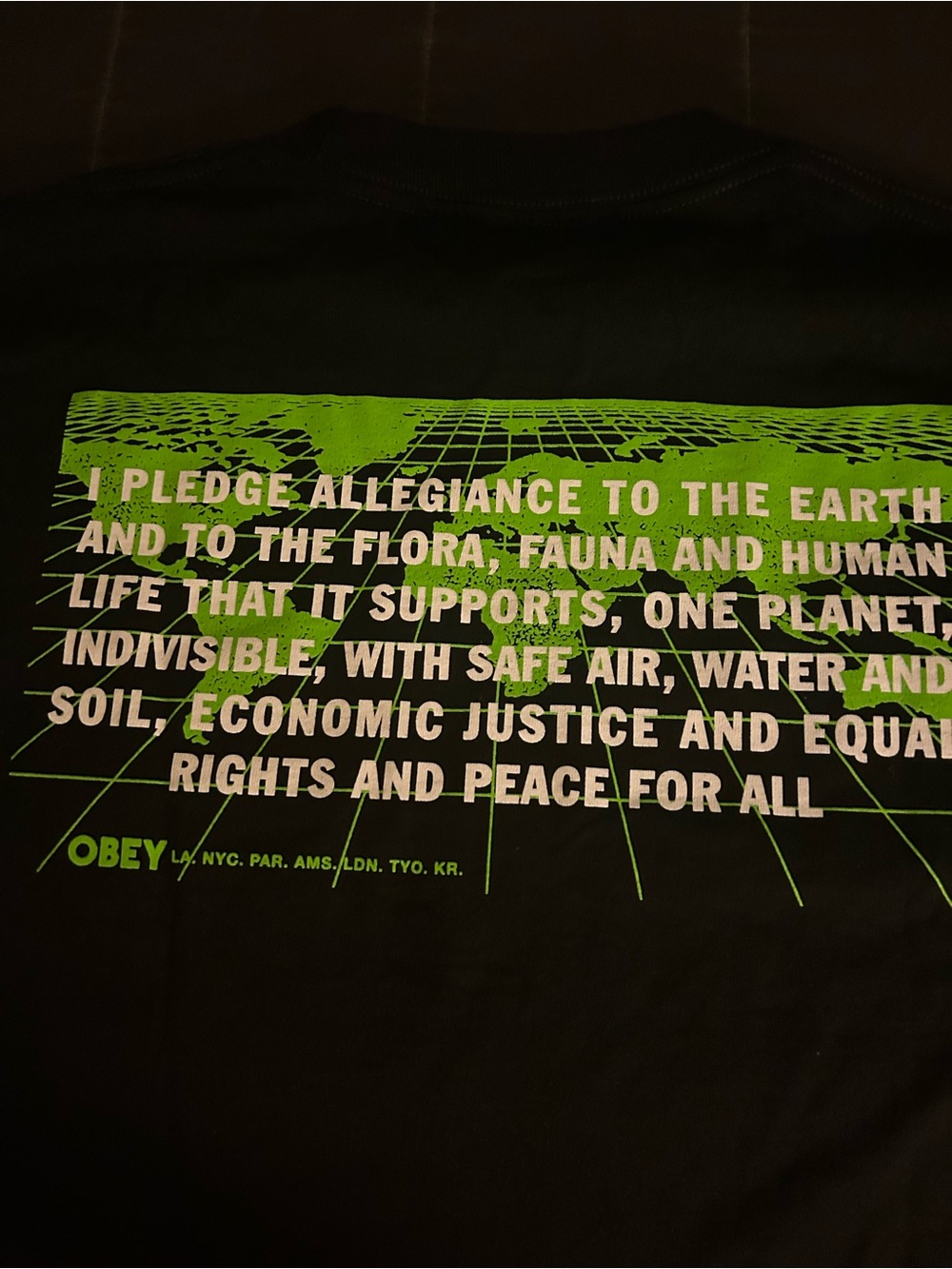 Obey Black Tee with Neon Green and White Graphic